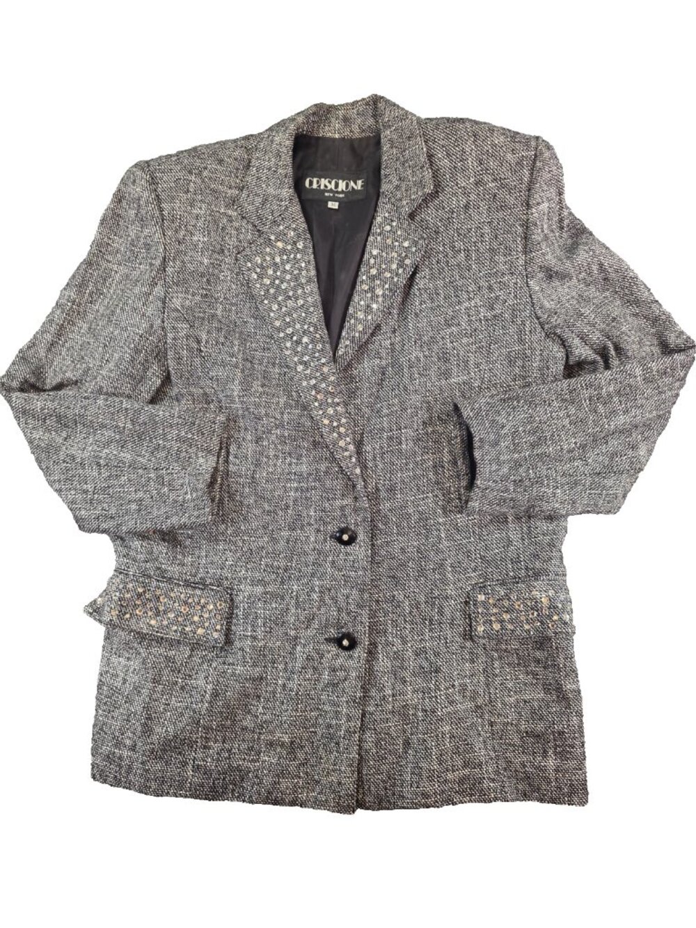 VTG Criscione Womens Medium Wool Blend Black White Gray Blazer Two Button Jacket